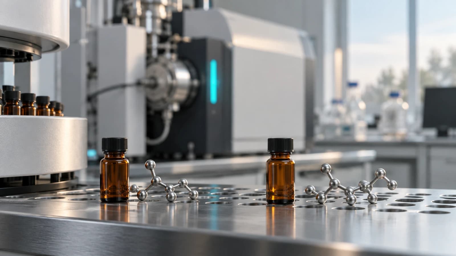 Unlabeled analytical sample vials and conceptual molecular models beside a mass spectrometry instrument.