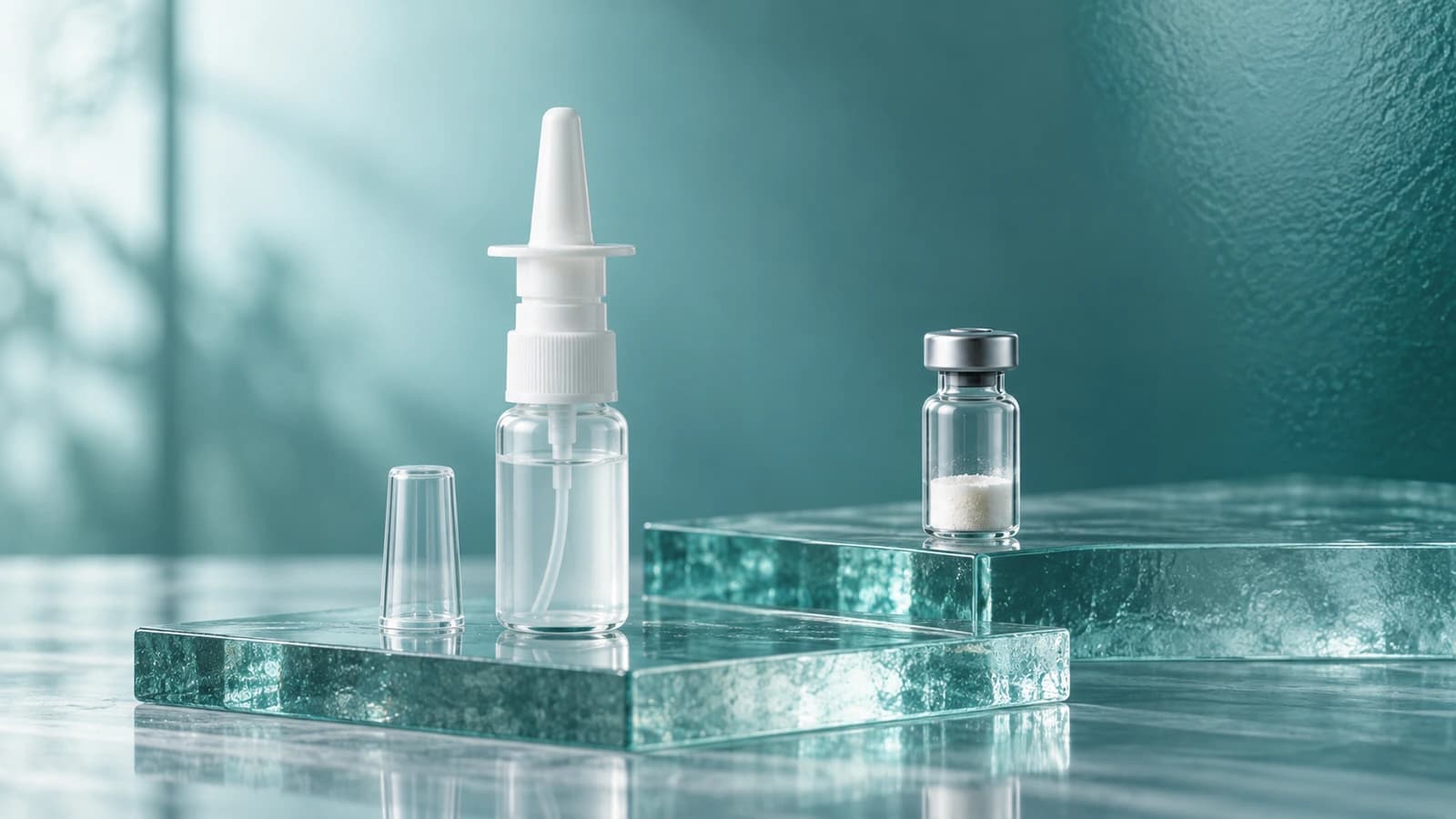 An unlabelled nasal spray bottle and a sealed lyophilized sample vial on separate teal-tinted glass platforms