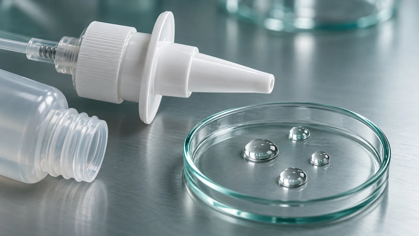 Detached nasal spray pump beside liquid droplets in a glass dish