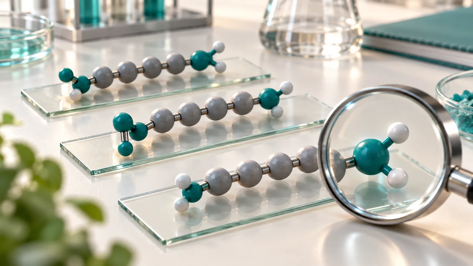 Conceptual peptide models with different terminal pieces viewed through a magnifying glass
