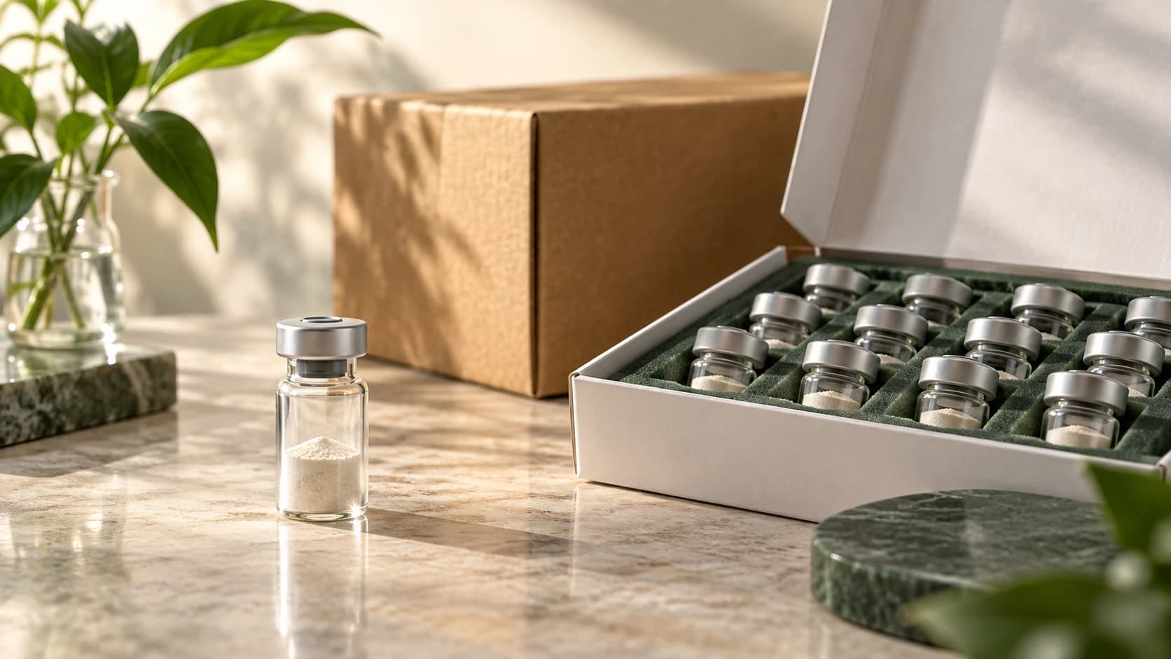A single sample vial beside a larger boxed set and shipping carton